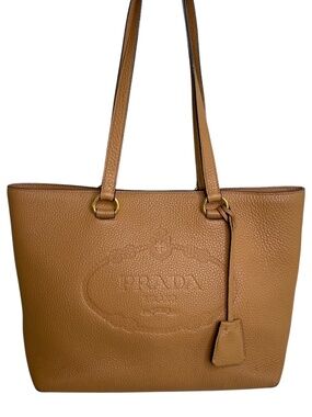 Authentic Prada Logo Embossed Large Tote in Canella (Camel / Cognac Brown) + COA